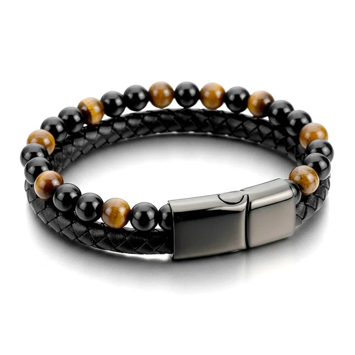 Bracelet souple en cuir tressé et perles Œil de tigre